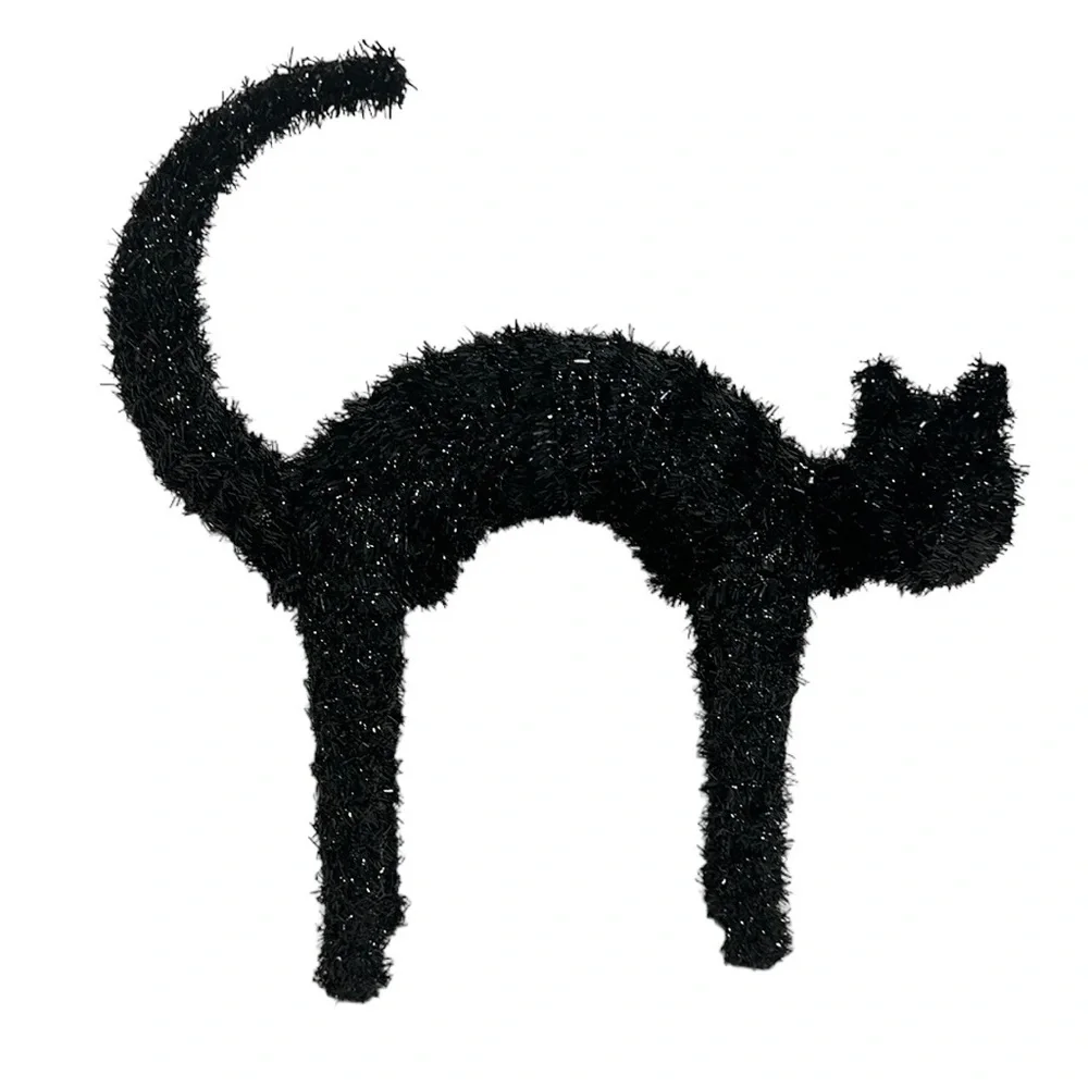 Vintage Halloween Holiday Tinsel Wire Standing Arching Black Cat and SpiderWebs